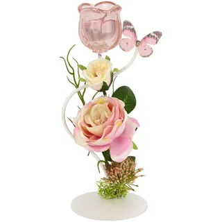Teelichthalter auf Metall mit Glas und Teelicht-Kerze mit Blumen und Schmetterling Kerzenhalter Kerzenständer Tischdeko Teelichtglas Windlicht romantische Deko Deko-Objekt Hochzeitsdeko, Schmetterling