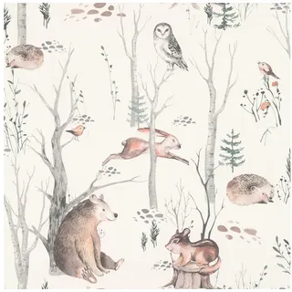 Rasch Textil Rasch Tapete 300048 - Helle Vliestapete mit Waldtieren in zartem Beige, Braun und Grün; Kinderzimmer-Tapete - 10,05m x 0,53m (LxB)
