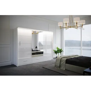 Modern Sideboard Kleiderschrank mit LED Beleuchtung MARSYLIA 250 cm, Schiebtürenschrank aus Holz, Garderoben organizermit Schubladen (Weiß) - Weiß