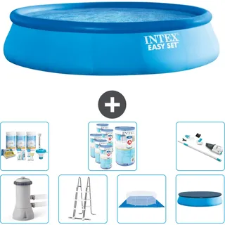 Intex runder aufblasbarer Easy Set-Schwimmpool – 457 x 107 cm – Blau – inklusive Pumpe – Leiter – Bodenplane – Abdeckung Wartungspaket - Filter - Staubsauger