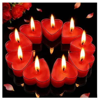 Chanhyls 9 Stück Herzförmige Teelichter - Rauchfreie Herz Kerzen, Tropfgeschützt & Lange Brenndauer, Ideal für Hochzeit, Valentinstag, Neujahr & Geburtstag Dekoration (Rot)