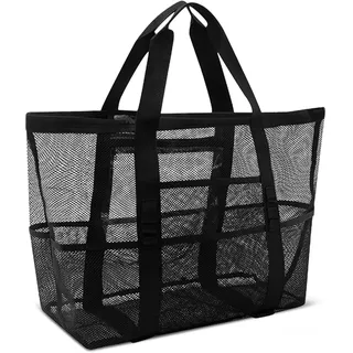 Große Strandtasche XXL Familie Mesh für Strand Urlaub, Reise Picknick, Bad | Große Mesh Strandtasche mit Wasserdichter Tasche, Schwarz Netz-strandtaschen für Damen Faltbare Handtaschen