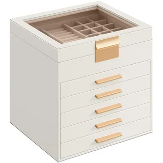 SONGMICS Schmuckkästchen, Schmuckkasten 6 Ebenen, Schmuckbox mit Glasdeckel, 5 Schubladen, Schmuckaufbewahrung, Stauraum, modern, Geschenkidee, 20,3 x 23,1 x 22,8 cm, wolkenweiß-golden JBC176W01