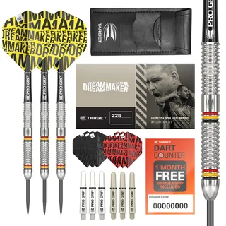 Target Darts Dimitri Van den Bergh 24G Tungsten Steeldart Set - 9 Pro Grip Shafts - 9 Pro Ultra Flights - Darttasche, Dart Zubehör, Wolfram Dart Satz