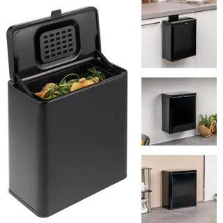 eluno Biomülleimer 6L mit Geruchsfilter, zum Hängen, Stellen oder Kleben, Komposteimer, 3 Montagearten, matt schwarz - Schwarz
