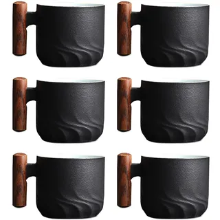 Espressotassen 6er Set (6 x 70 ml) Espressotassen Steingut Kaffeetasse Kaffeebecher aus Keramik Espresso Tassen mit Henkel, Mini Teetasse, Kaffeetasse für Espresso, Tee (6er Set - Schwarz)