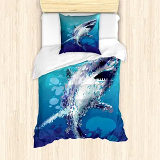 ABAKUHAUS Hai Mantele, Shark Oceanlife Tier, Milbensicher Allergiker geeignet mit Kissenbezügen, 135 cm x 200 cm - 80 x 80 cm, Blau grau