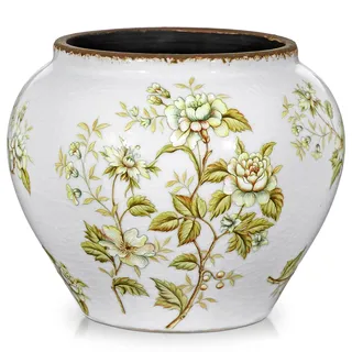 Hollyone Vintage Vase, Grün und Weiß Retro Keramikvase, Rustikale Vasen Chinoiserie-Blumenvase Blumentopf Deko Vasen für Pampasgras, Bauernhaus, Wohnkultur, Tischdeko, Wohnzimmer, Schlafzimmer