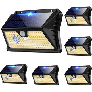 OUILA Solarlampen für Außen Wand【6 Stück】, 185 LED 3 Modi Solar Aussenleuchte mit Bewegungsmelder, IP65 Wasserdichte LED Solar Wandleuchte, Garten, Hof, Zaunbeleuchtung, Haustüren (Warmweiß)