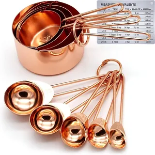 Kupferbeschichtete Edelstahl Messbecher und Löffel Set - 8-teiliges Küchenmessset mit Spiegelfinish und Gravierten Messmarkierungen - Roségold Farbe,messlöffel set,goldener messbecher