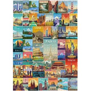 Vintage Weltreise Puzzles für Erwachsene 1000 Teile, Kolosseum Eiffelturm Landschaft Poster Puzzle Sehenswürdigkeiten, Landschaft Puzzle für Erwachsene Paris Italien Landschaft