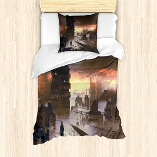 ABAKUHAUS Fantasie Mantele, Sci-Fi Leere Stadt Roboter, Milbensicher Allergiker geeignet mit Kissenbezügen, 135 cm x 200 cm - 80 x 80 cm, Dunkle Taupe Salmon - Taupe