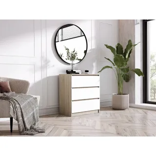 Komodenschrank mit 3 Schubladen, Farbe: SONOMA EICHE/WEISS, A: 70 x 78 x 39 cm , Schubladenkommode, Kommode mit Schubladen, Sideboard Wohnzimmer, Schlafzimmer Kommode, Kommode Schwarz, Kommode Flur, Highboard - Braun, Weiß