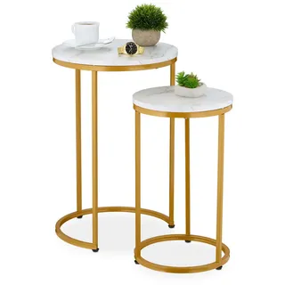 Relaxdays Satztisch, 2er Set, Marmoroptik, Metall, runde Beistelltische, Wohnzimmer, Couchtisch, weiß/gold