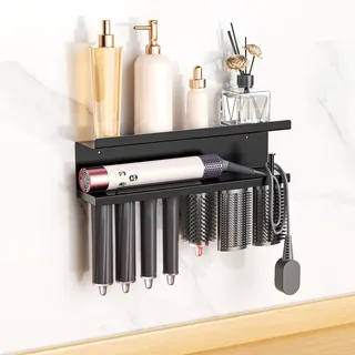 Föhn Halterung, Fönhalter Ohne Bohren, Metall Föhn und Glätteisen Halterung, Selbstklebend Haartrocknerhalter, Föhnhalter Wandhalterung, Fönhalterung für Bad Schlafzimmer Barbershop Hotel (Schwarz)