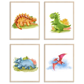 WIETRE® 4er Set Bilder Dinosaurier Kinderzimmer Babyzimmer Deko | Bild Junge Mädchen Poster DIN A4 | Dinos T-Rex Tiere (ohne Rahmen)