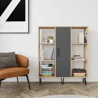 Hanah Home Industrial Scandinavian Bookshelf, Oak & Anthracite, 120 x 25 x 141.6 cm | 100% Melamine Coated, 18 mm Thick | Wall-Mountable, Stylish & Functional