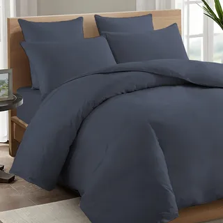 Pizuna Bettwäsche 200x200 + 70x90 Baumwolle Dunkelblau 600 Fadenzahl