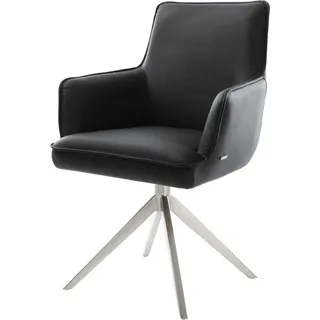 DeLife Drehstuhl Heira-Flex mit Armlehnen Echt-Leder Schwarz Kreuzgestell breit Edelstahl 360° drehbar Wippfunktion Taschenfederkern, Esszimmerstühle