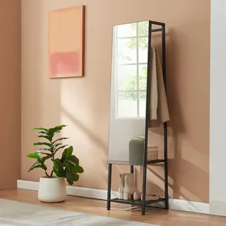 Garderobenspiegel 2-in-1 'Klilbojle' Ganzkörperspiegel mit Kleiderstange und 2 Ablagen Metall 160 x 40 x 35 cm Schwarz - Schwarz