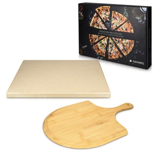 Navaris Pizzastein für Backofen Grill aus Cordierit - 38x30cm Pizza Stein für Ofen mit Pizzaschaufel - Gasgrill Herd Teller rechteckig in Beige