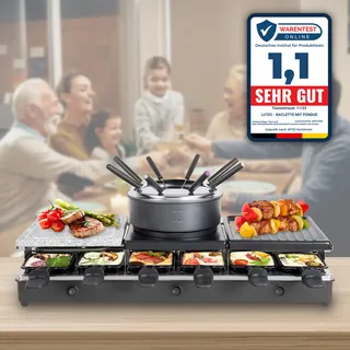LUTEO Raclette 12 Personen mit Fondue Mini Crepes Maker Tischgrill Set MRG1013 - Schwarz