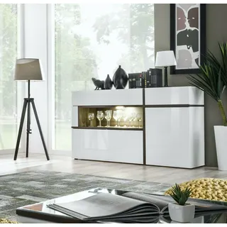 Wohnwand Anbauwand Wohnzimmer Schrankwand CROSS SET mit Hochglanz Led Push Click - Weiss, Perla Elm - ~ 340 cm X 197 cm X 50 cm