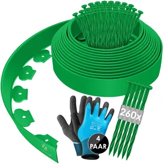 KESSER® Flexible Rasenkante aus Kunststoff Länge 10m Höhe 5cm, mit 50 Erdanker + Handschuhe, Beeteinfassung Beetumrandung Beetbegrenzung Mähkante Pflastersteine Palisade - Grün