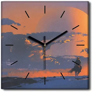 Coloray Uhr auf Leinwand 30x30 cm Wand Uhr Dekoration Wohnzimmer Segeltuch schwarze Hände -Cowboy Western Horse. - Bunt