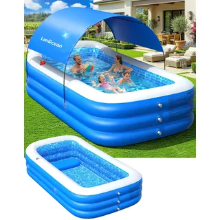 LanOcean Aufblasbarer Pool mit Sonnenschirm, 280*160*50CM Rechteckig Planschbecken für Kinder Groß, 0,53mm Dickes Aufblasbarer Pool Erwachsene mit Sitz & Becherhalter, Familienpool für Garten Balkon