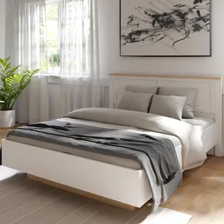 Forte Bohol Bett 180, Landhausstil Bett mit Lattenrost, Holzwerkstoff, Riviera Eiche/Sibiu Lärche Hell Dekor, 176,2 cm breit, 102,9 cm hoch, 206,4 cm tief