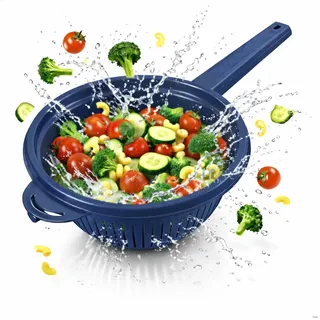 Stielsieb Kunststoff Stielseiher Nudelsieb mit Griff Küchensieb Abtropfsieb Sieb Plastik Handsieb Seiher Blanchiersieb Küchenhelfer Abseiher Salatsieb Passiersieb Spitzsieb stapelbar 40 cm blau