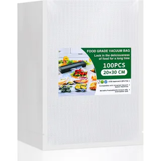 Vinabo Vakuumbeutel für Lebensmittel, 20 x 30 cm, 100 Beutel, zum Vakuumgaren und zur Aufbewahrung von Lebensmitteln, geprägte Vakuumbeutel, geeignet für alle Vakuummaschinen