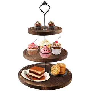 Etagere 3 Etagen, Tortenständer Holz, Cupcake Ständer mit Metallgriff, Kuchenständer Kuchenplatte, Obst Etagere 3 Stöckig, Servierständer Rund, Buffet Zubehör für Geburtstag Nachmittagstee Hochzeit