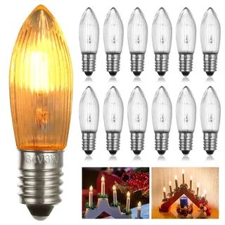 AUAUY 12 Stück E10 34V 3W Ersatzbirnen Glühbirne Topkerzen, Warmweiss 2200K | Topkerze Spitzkerze Ersatzlampen, Schwibbogen Kerzenlampe für Lichterkette Christbaumbeleuchtung