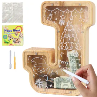 Lakpopya Spardose Kinder Jungen, Personalisiert Holz A-Z Sparschwein | Durchsichtig Buchstabe A-Z Sparbüchse für Kinder Mädchen Erwachsene mit Aufklebern und Filzstift, Taufe Geschenk Dekoration