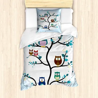 ABAKUHAUS Bunt Bettbezug Set für Einzelbetten, Nachttier-Eulen-Liebe, Milbensicher Allergiker geeignet mit Kissenbezug, Multi - Bunt