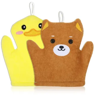 FNANJWQ 2 Stück Baby Waschhandschuhe, Mikrofaser Weiche Waschlappen für Kinder, Entworfen in Süßen Tiermotiven Gelbe Ente Braunbär Sanfte Reinigung für Baby Mädchen Jungen Bad Dusche