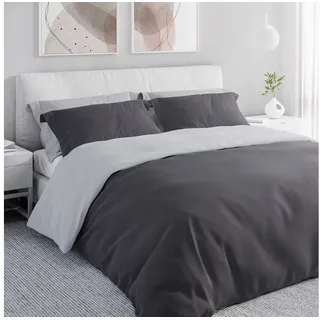 Wolkenfeld Bettwäsche 155x220 2teilig grau - kuschelig weiches Wende-Bettwäsche Set aus Mikrofaser - nahezu bügelfrei - 1x Bettbezug 155x220 + 1x Kissenbezug 80x80 - Reißverschluss