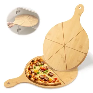 2 Stück Pizzabrett, Pizzateller Holz mit Griff Ø 33 cm, Beidseitig Nutzbar | Rundes Pizza Schneidebrett, Flammkuchenbrett, Pizza Teller, Holzbrett rund, Schneidebrett Holz rund für Pizza und Servieren