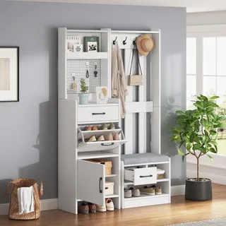 110*35*175,5 cmFlur Garderobenständer Kleiderständer,Garderobenständer,Bücherregal,7-in-1 Garderobenständer mit Schuhbank, freistehend