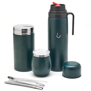 BALIBETOV Komplettes Yerba Mate Set – Moderner Mate Gourd, Thermos, Yerba Behälter, zwei Bombillas und Reinigungsbürste im Lieferumfang enthalten – Alle Premium Qualität 304 18/8 Edelstahl (Grün)