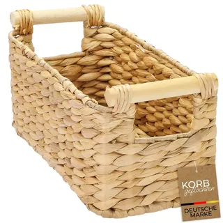 HMF Aufbewahrungskorb geflochten aus Wasserhyazinthe, Korb mit Holzgriffen für Badezimmer, Küche und Wohnbereich, 30 x 15 x 13 cm, Naturfarben