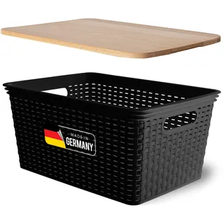 Novaliv Aufbewahrungsbox mit Holzdeckel Groß 14L Korb Schwarz in Rattan Design Lebensmittelecht Aufbewahrungskorb Stapelbox Nestbar Kunststoff BPA-frei Kiste Verstaubbox mit Deckel