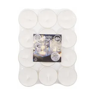 Müller Kerzen Polar Teelichter Clear Cups, weiß, 24er Flatpack, Transparenter Hülle, vielseitig einsetzbar, Brenndauer etwa 6 Stunden, 1 Packung = 24 Stück