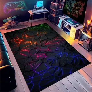 PEIHUODAN Gaming Teppich Jugendzimmer Bereich Teppich Gamer Jungen Kinder Modernes Design Neon Vision 3D Druck Gaming Teppich Kinder Zimmer Deko Anti-Rutsch-Fußmatten (Rot und Blau,140x200cm)