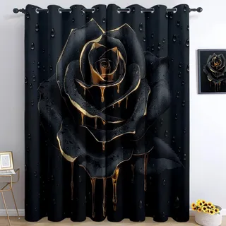 Vorhang Blickdicht mit Ösen, Schwarz Deko Vorhang Blumen Luxus Schwarze Rose Bedruckte Polyester Vorhänge, H 138 x B 117 cm (2er Pack) Verdunkelungsvorhang für Wohnzimmer Kinderzimmer Dekoration