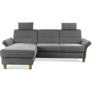 CAVADORE Eckcouch Wyk mit Federkern / Ecksofa im Landhaus-Stil mit Longchair, 2 Kopfstützen + Holzfüßen / 252 x 90 x 162 / Chenille, Grau