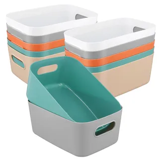 YIXNSW 15er Pack Aufbewahrungsbox mit Griffen, 25x16.5x10cm Kunststoff Organizer Box Aufbewahrungskorb, Aufbewahrungskörbe für Küche, Bad & Büro (Weiß/Grau/Beige/Orange/Grün)