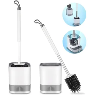 Toilettenbürste, HIYAA Silikon WC-Bürste mit Halter, 2 Stück, WC-Reinigungsbürste mit schnell trocknendem Halter und rutschfestem Edelstahlgriff für Badezimmer, Weiß